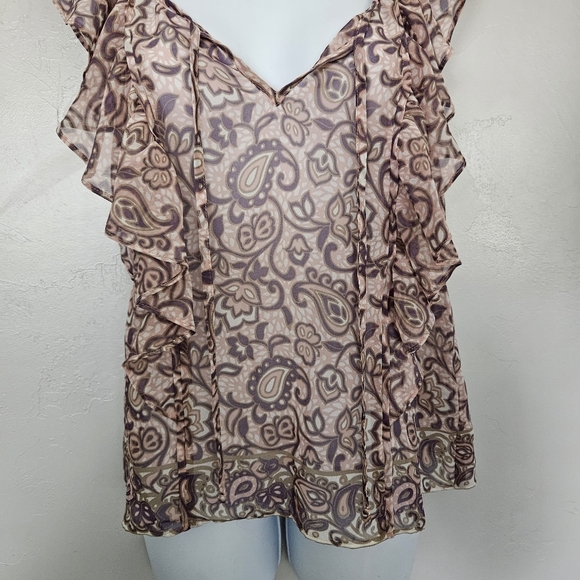 American Eagle Women's Small Pink Purple Taupe Paisley Chiffon Blouse Top Boho - Picture 3 of 7